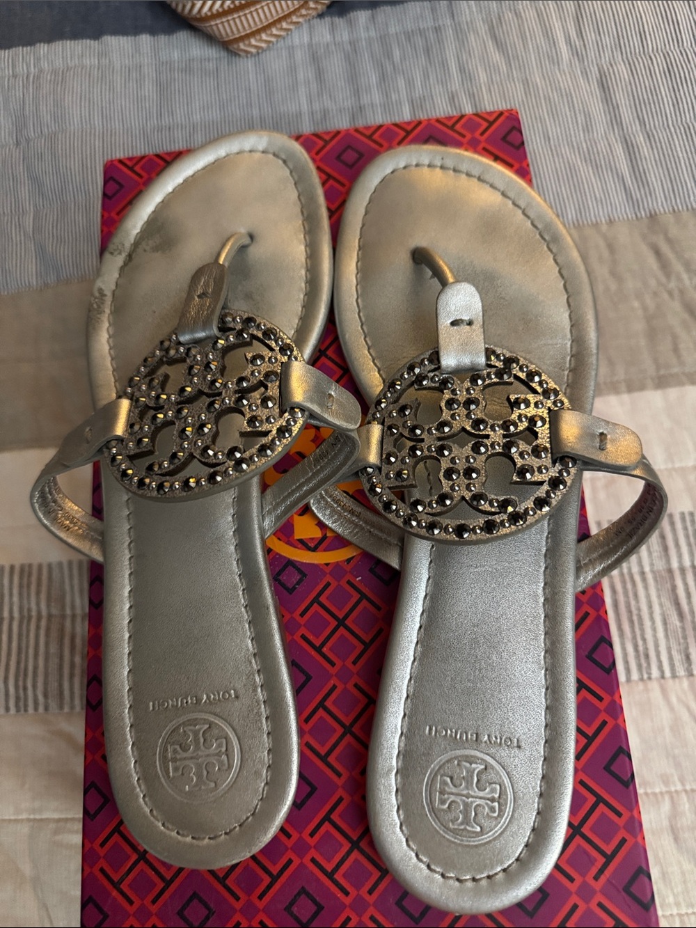 Tory Burch Metallic Silver Logo Medallion Thong Sandals
